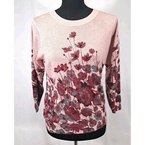 C.D. Petites Womens Pink Floral Rhinestone Crew Neck 3/4 Sleeve Sweater PM